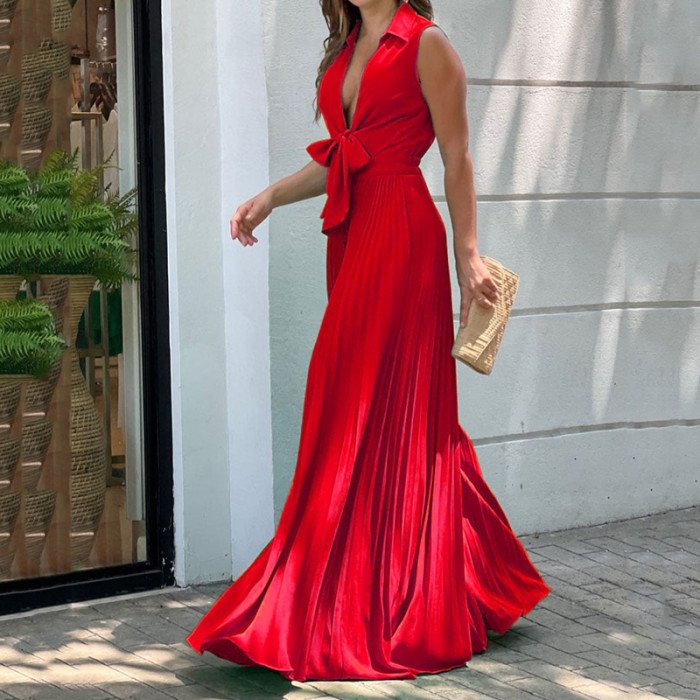 Fashion V Neck Sleeveless Lapel Solid Color Pleated Loose Wide Leg Jumpsuit