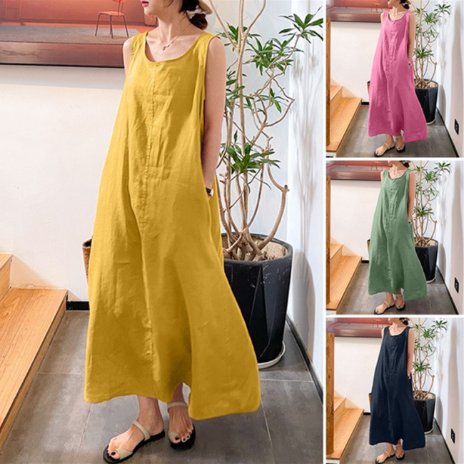 Casual Fashion Simple Style Loose Pockets Round Neck Sleeveless Dress