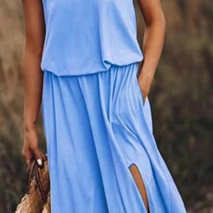 Sleeveless Elastic Waist Beach Maxi Dress