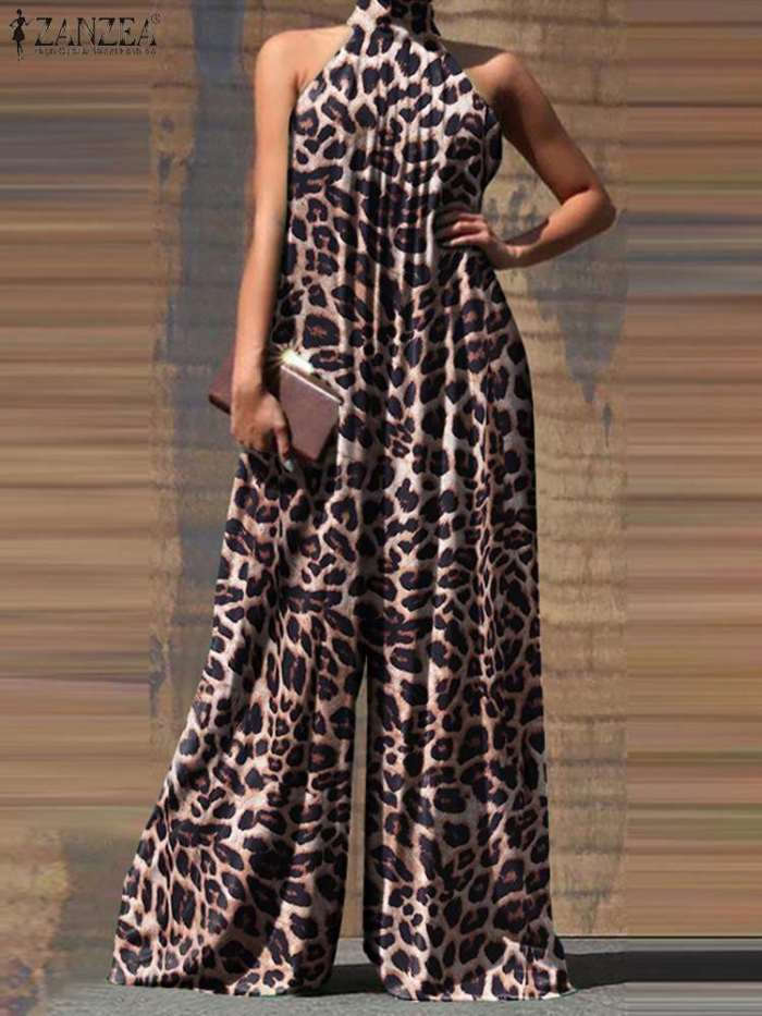 Trendy Leopard Casual Holiday Sexy Party Sleeveless Jumpsuit