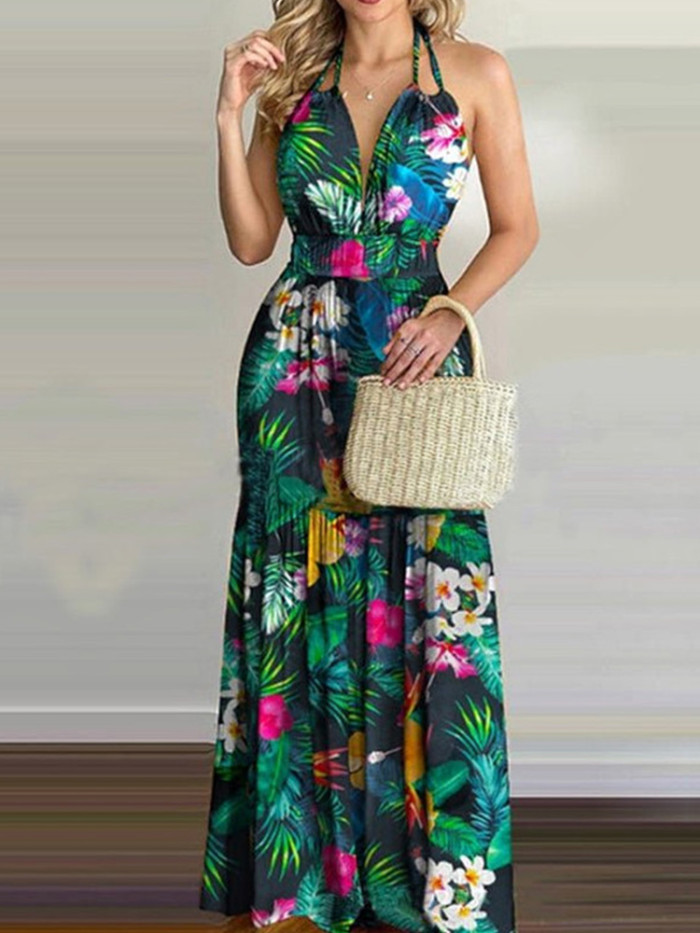 Women Tropical Print Sexy Halter Backless Maxi Dress