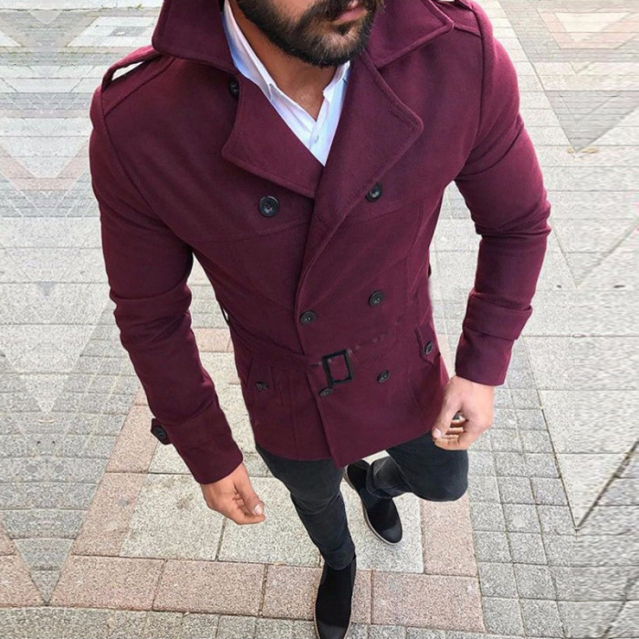 Men's Fashion Woolen Lapel Double Button Cold-Proof Mid-Length Coat