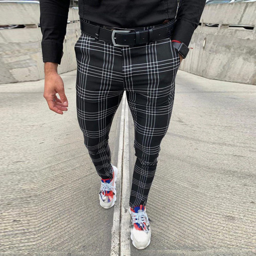 Men's Casual Plaid Elastic Mid Waist Tight Business Suit Pants