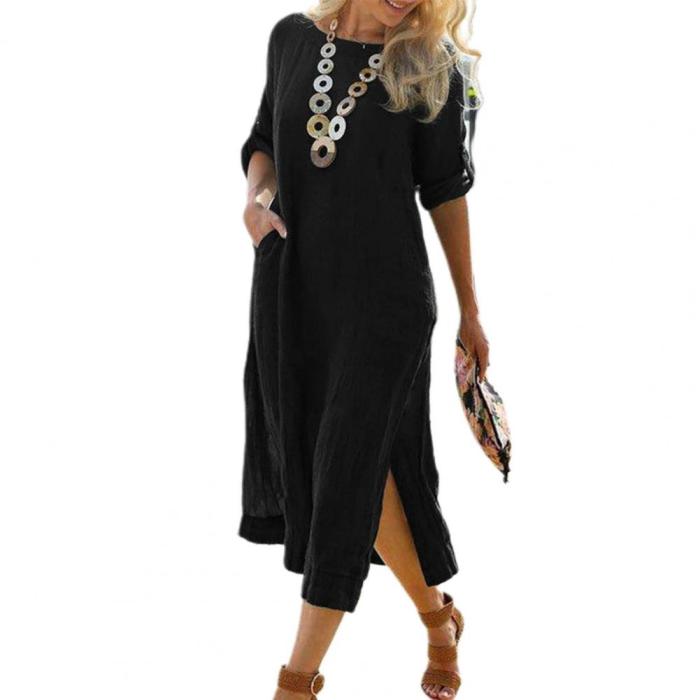 Fashion Solid Color O-Neck Loose Hem Elegant  Midi Dress