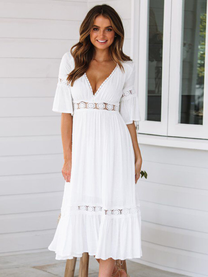 Bohemian Hollow Short Sleeve V Neck Loose Fashion Casual Party  Maxi Dress