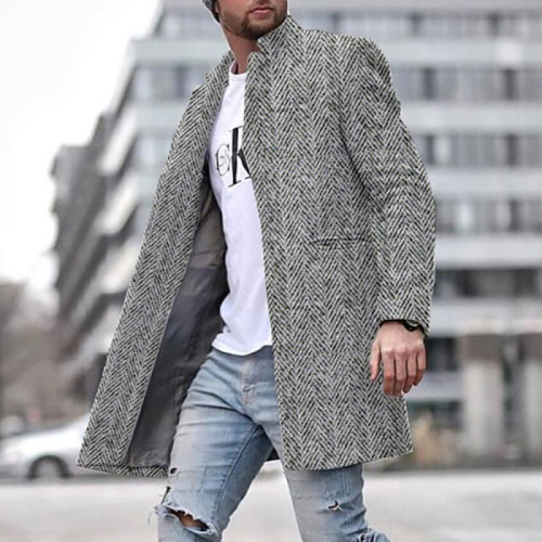 Fashion Men's Wool Coat Solid Color Stand Collar Warm Long Sleeve Jacket