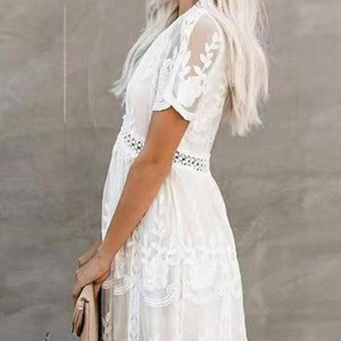 Bohemian Loose Embroidered White Lace Resort Maxi Dress