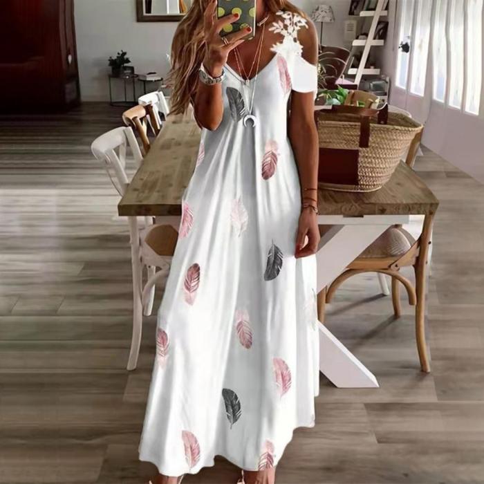 Fashion Feather Print Lace Camisole Loose Cutout A Line Maxi Dress