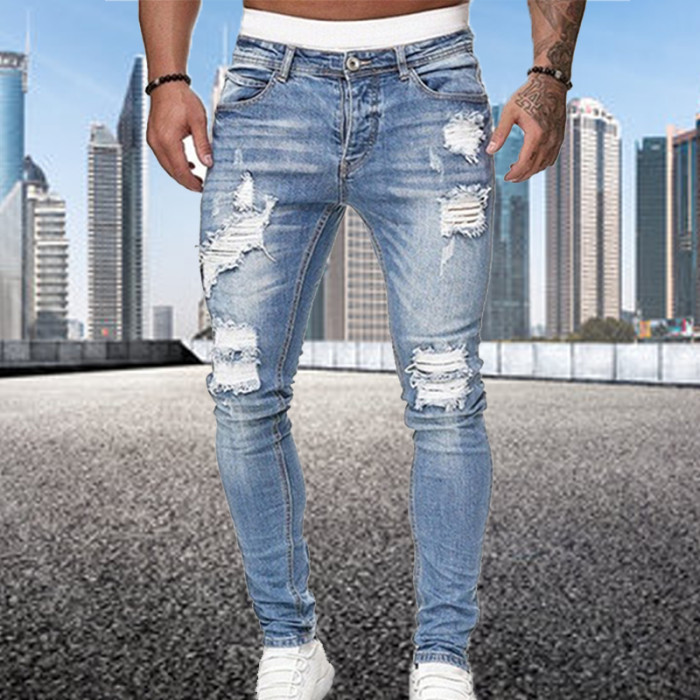 Fashion Street Men's Vintage Washed Solid Color Ripped Skinny Jeans