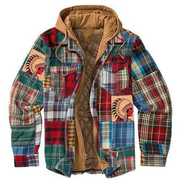 Men's Fashion Jacket Harajuku Plaid Hooded Zipper Long Sleeves Casual Coats