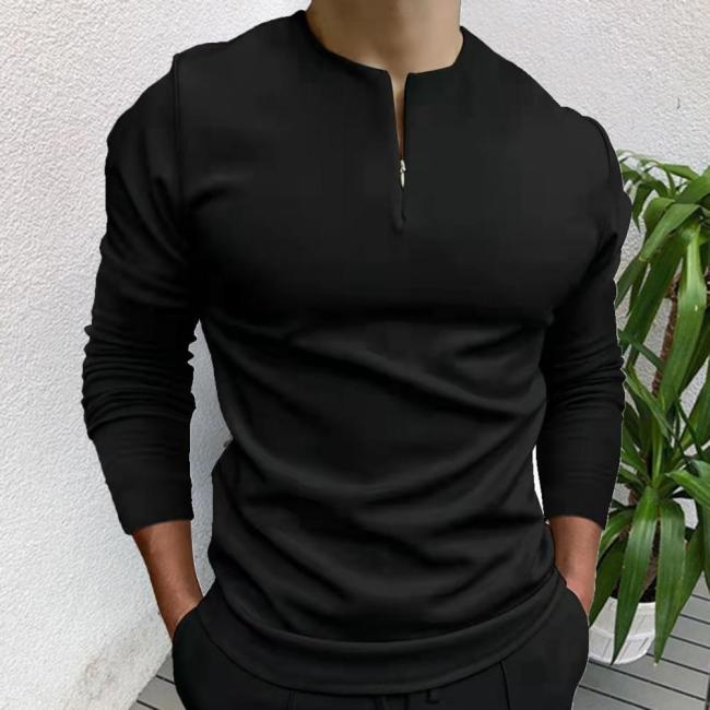 Men's Casual Polo  O Neck Long Sleeve Solid Color Business Shirt