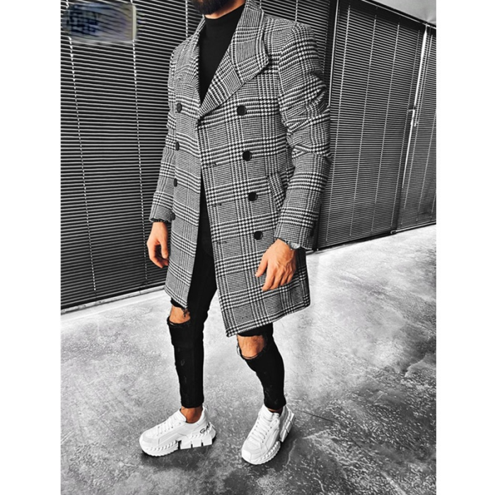 Fashionable Fashion Plaid Double Breasted Lapel Chic Wool Men's Coat