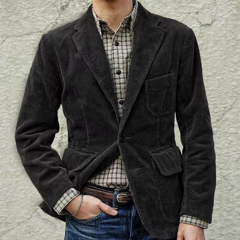 Long Sleeve Pocket Single Breasted Corduroy Lapel Collar Office Jacket Mens