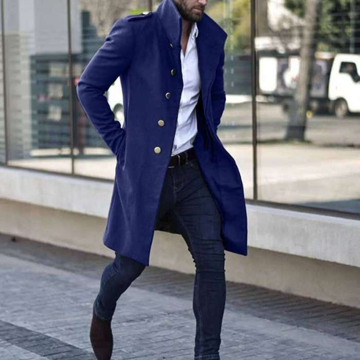 Men's Wool Stand Collar Metal Mid-length Pocket Casual Slim Coat