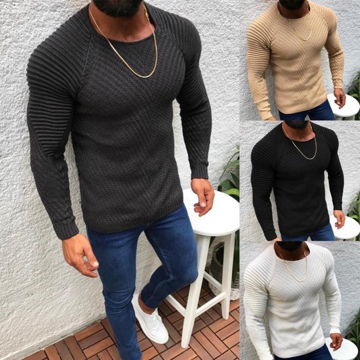 Men's Fashion Solid Color Round Neck Slim Fit Warm Sweater