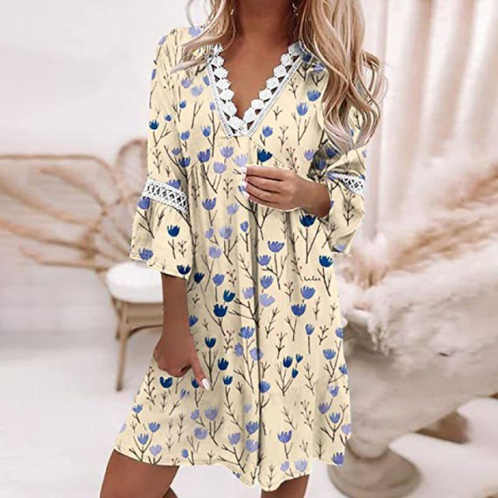 Fashion Loose Retro Sexy Fashion Ruffle Trim Lace Boho Casual Dress