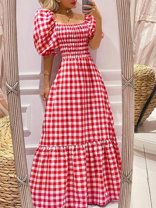 Trendy Casual Short Sleeve Square Neck Retro Plaid Party Boho Maxi Dress