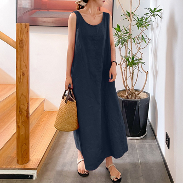 Casual Fashion Simple Style Loose Pockets Round Neck Sleeveless Dress