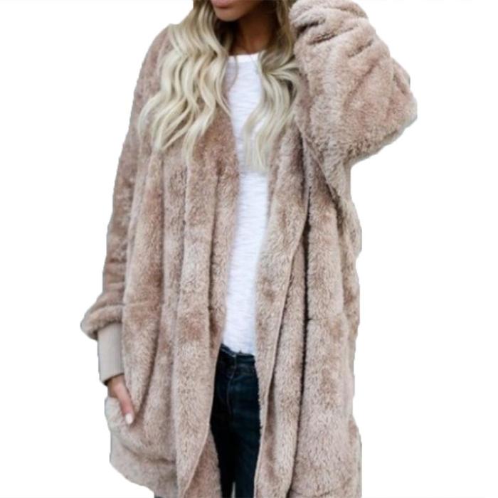 Winter Fashion Solid Color Warm Women Fashion Faux Fur Hooded  Coats