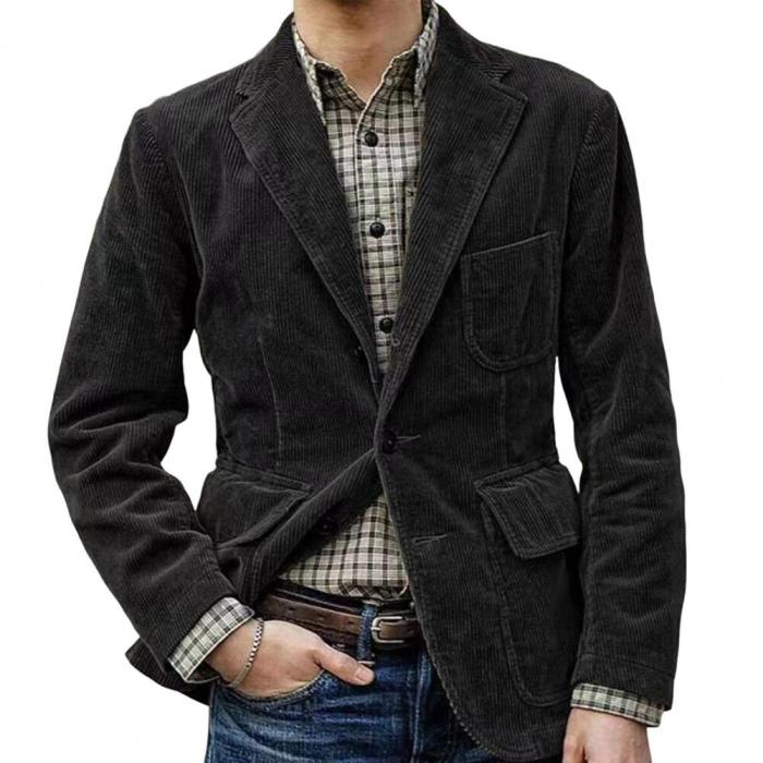 Long Sleeve Pocket Single Breasted Corduroy Lapel Collar Office Jacket Mens