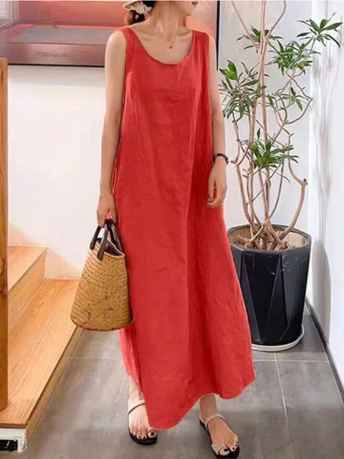 Cotton Linen Solid Color Loose Pocket Round Sleeveless  Vacation Dress
