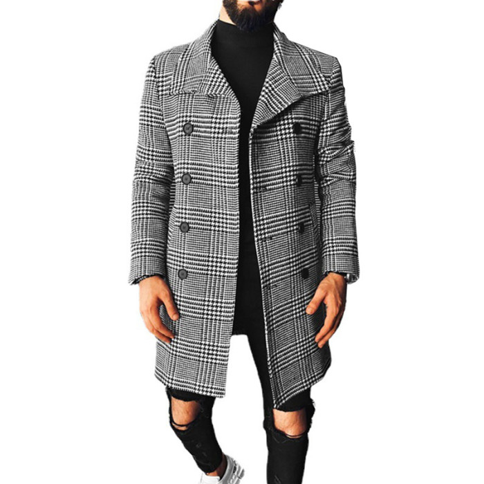 Fashionable Fashion Plaid Double Breasted Lapel Chic Wool Men's Coat
