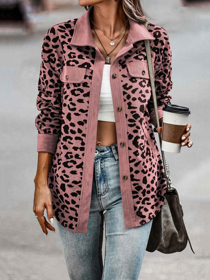 Fashion Leopard Print Corduroy Long Sleeve Loose Ladies Jacket