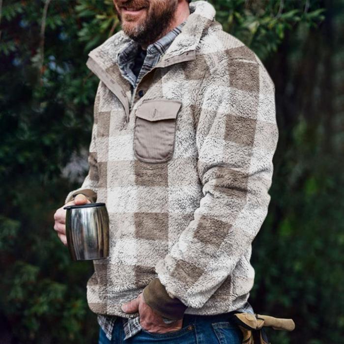 Men's Sweater Plaid Thickened Fleece Loose Hooded Jacket