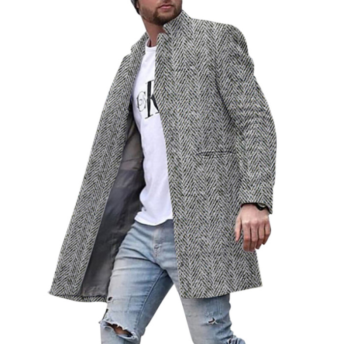 Fashion Men's Wool Coat Solid Color Stand Collar Warm Long Sleeve Jacket