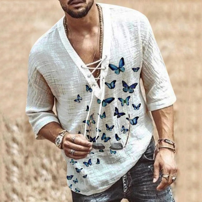 Men's Solid Color Tops Casual Short Sleeve Cotton Linen Loose Blouse & Shirts