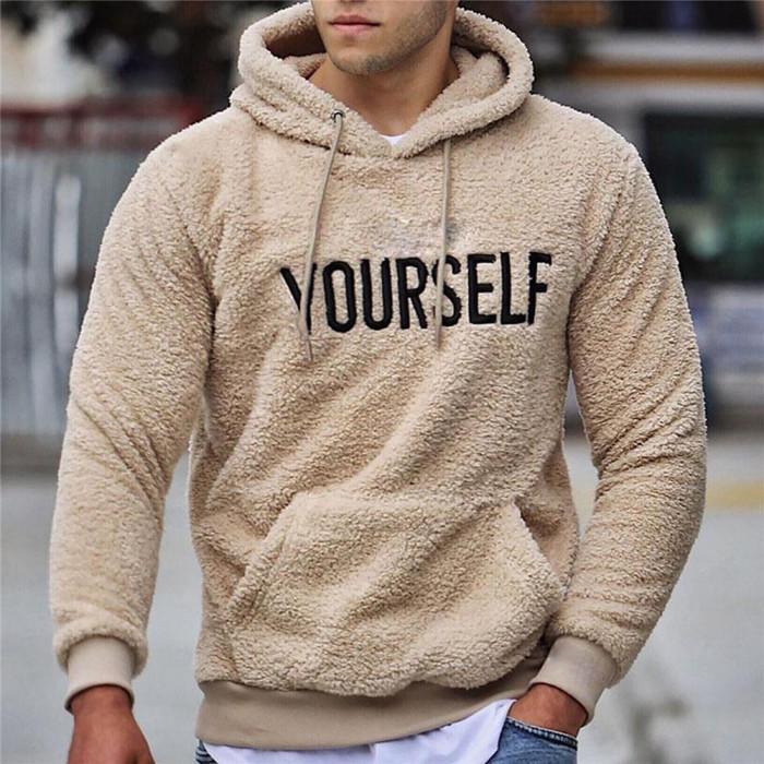 Men's Fashion Warm Plush Casual Long Sleeve Letter Print Hoodies & Sweatshirts