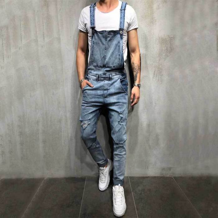 Men's Fashion Cotton Straight Casual Slim Ripped Denim Jumpsuit