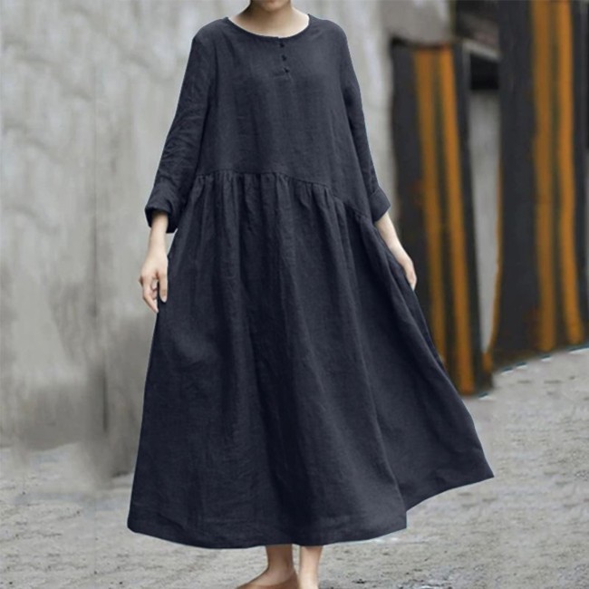 Cotton Linen Casual Loose O Neck Long Sleeve Vintage Maxi Dress