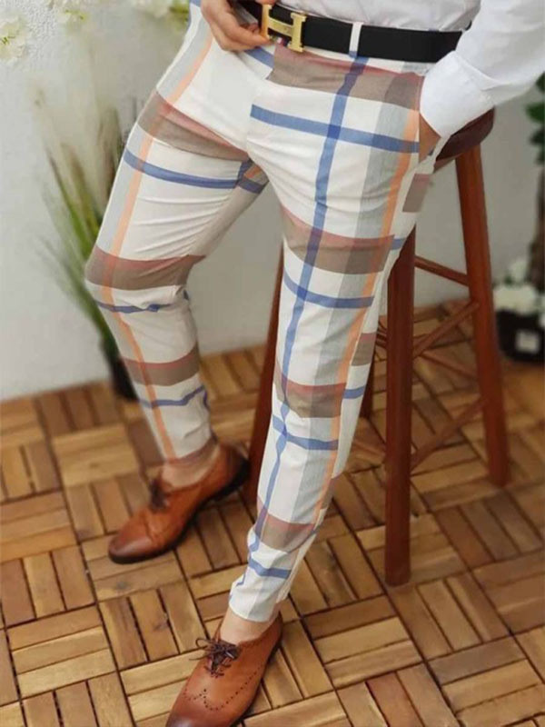 Men's Fashion Plaid Business Casual Retro Stitching Straight Leg Trousers