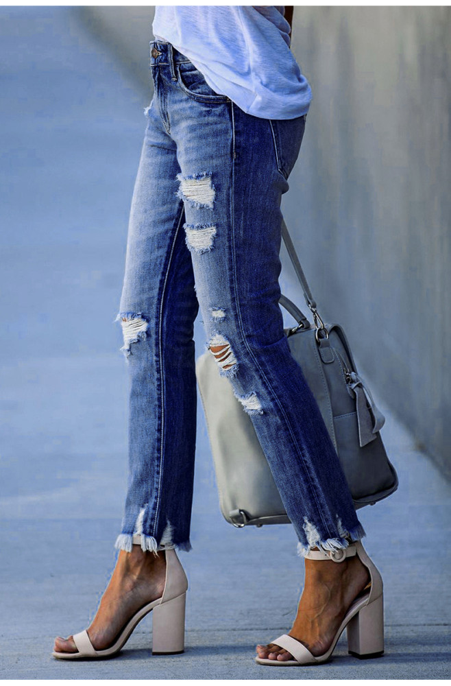 Women's Mid Rise Ripped Tassel Fashion Casual Slim Jeans