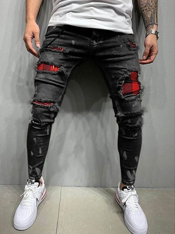 Men's Fashion Embroidered Ripped Stretch Skinny Jeans