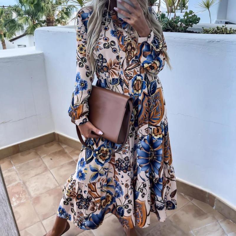 Elegant Flower Print Long Sleeve Bohemia Casual Maxi Dress