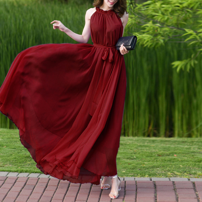 Fashion Solid Color Party Halter Neck Sleeveless Loose  Maxi Dress