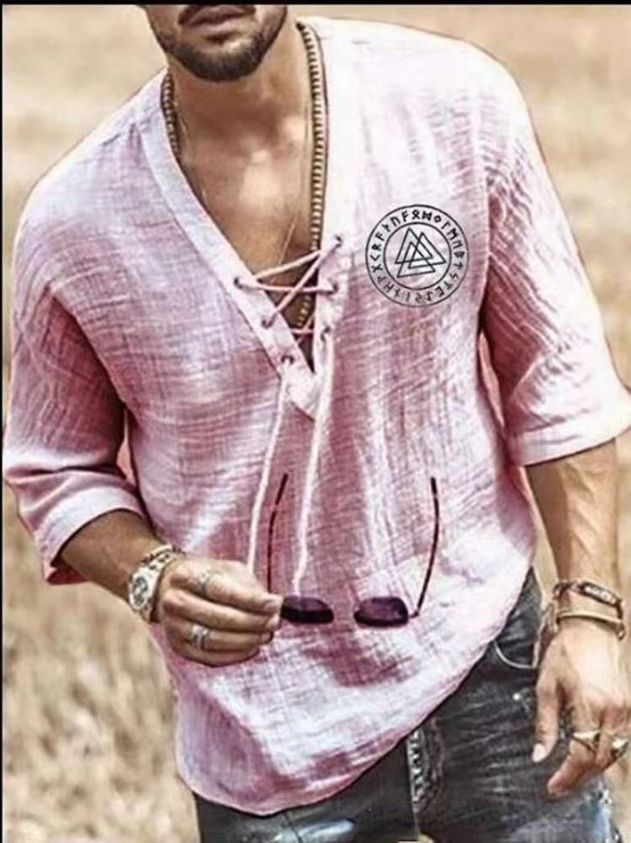 Men's Solid Color Tops Casual Short Sleeve Cotton Linen Loose Blouse & Shirts