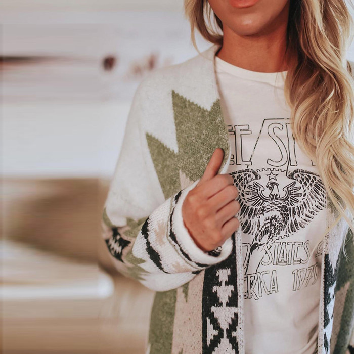 Fashion Knitted Cardigan Sweater Casual Vintage Print Coat