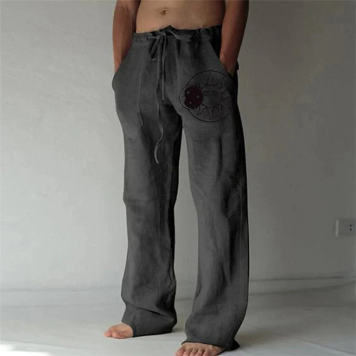 Men's Loose Linen Casual Pocket Wide Leg Drawstring Pants