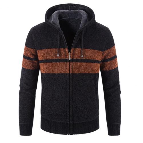 Men's Coat Zipper Long Sleeve Striped Hooded Sweater Pocket Warm Sweater