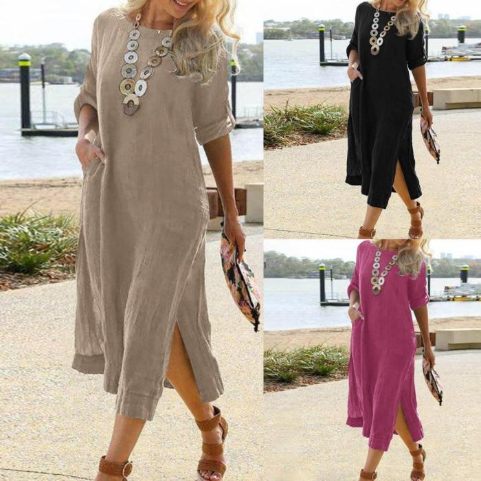 Fashion Solid Color O-Neck Loose Hem Elegant  Midi Dress