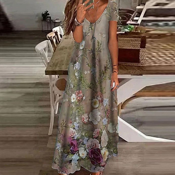 Elegant V Neck Casual Embroidery Slim Fashion Vintage Maxi Dress