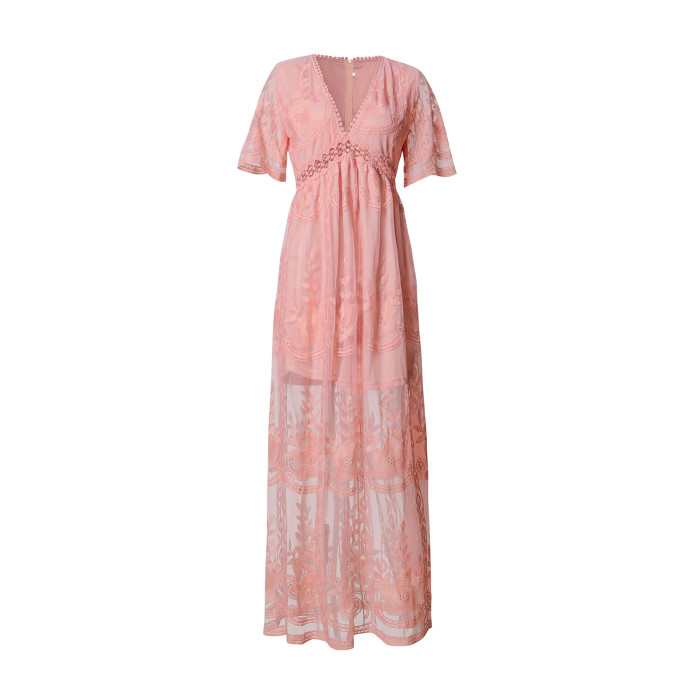 Boho Solid Loose Embroidered Lace Corset Vacation Maxi Dress