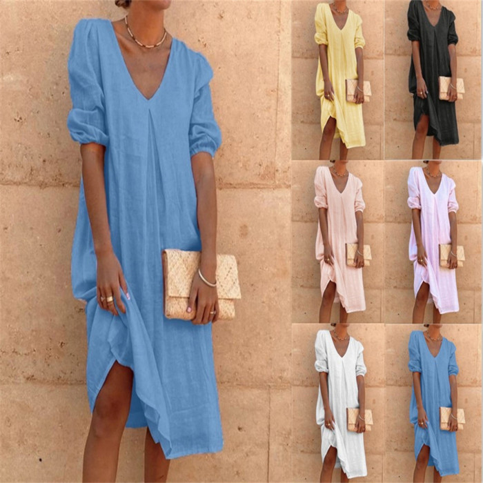 Fashion Loose Casual V Neck Bubble Half Sleeve Solid Color  Midi Dress