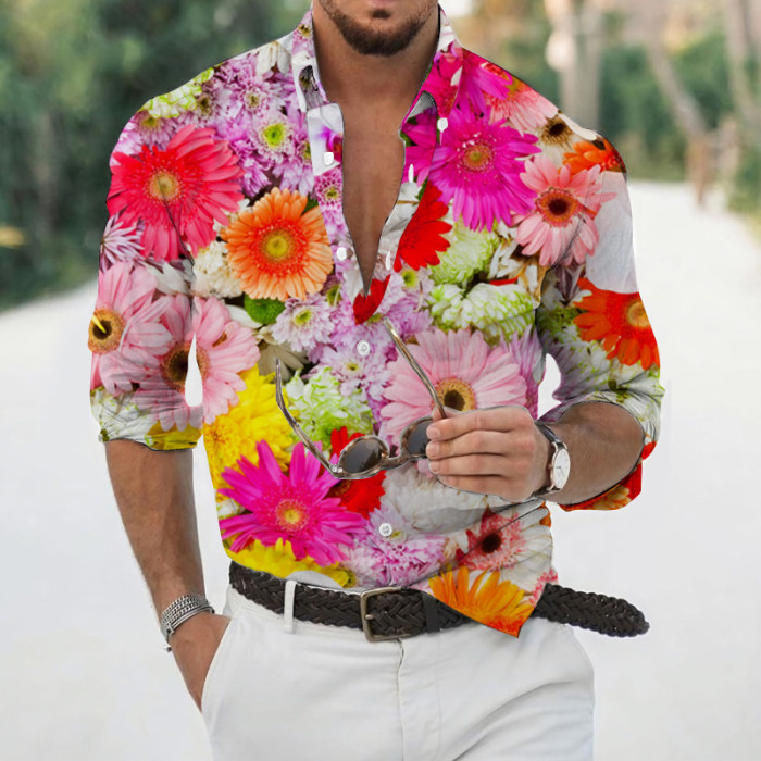 Men's 3d Print Floral Long Sleeve Holiday Oversized  Blouse & Shirts Top