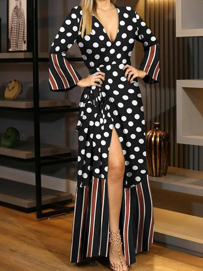 Polka Dot Stripe Print Tie Fashion Long Sleeve V Neck A-Line Maxi Dress