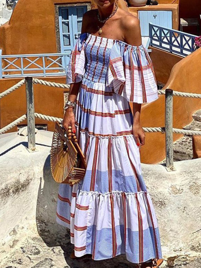 Trendy Plaid Print A Line Sexy Off Shoulder Boho Casual Party Maxi Dress