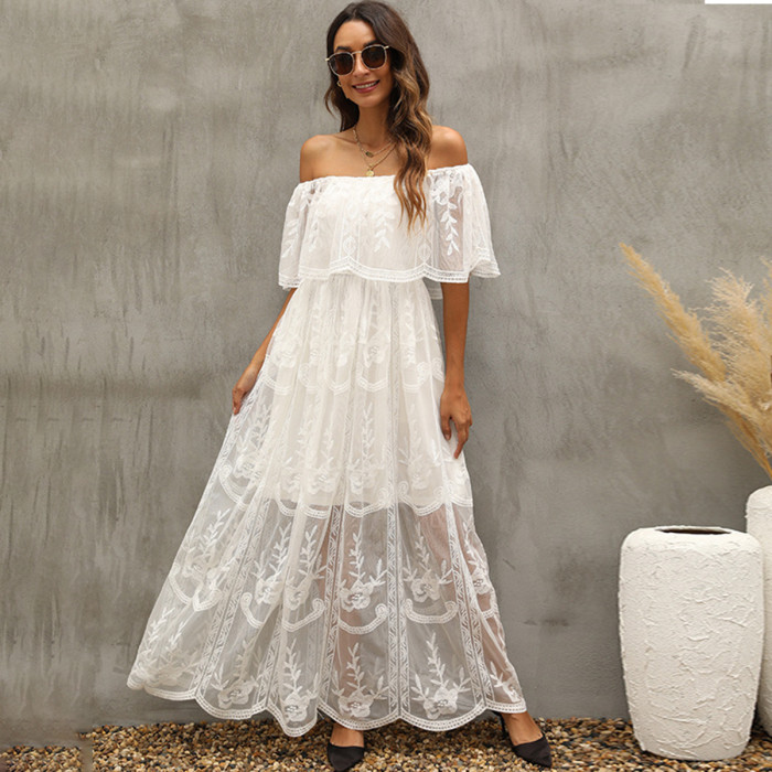Boho Solid Loose Embroidered Lace Corset Vacation Maxi Dress